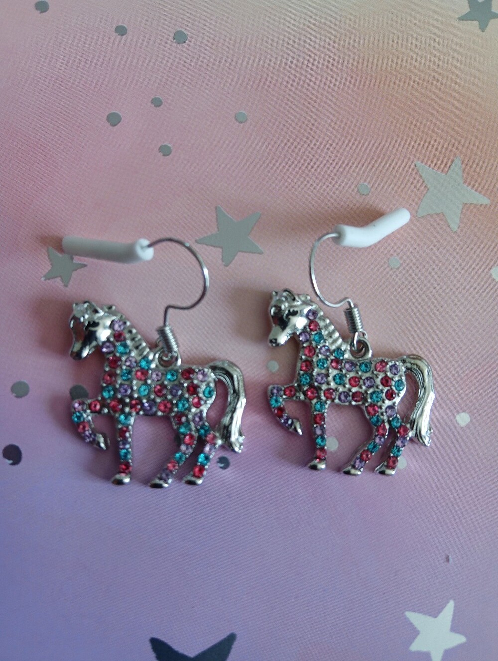 Children's Pink & Teal Rhinestone Pony Dangle Earrings